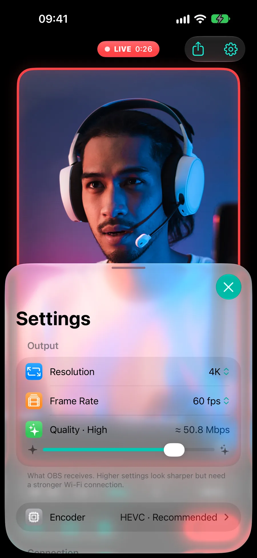 Settings sheet over the live preview: resolution 4K, 60 fps, quality High at about 50.8 Mbps