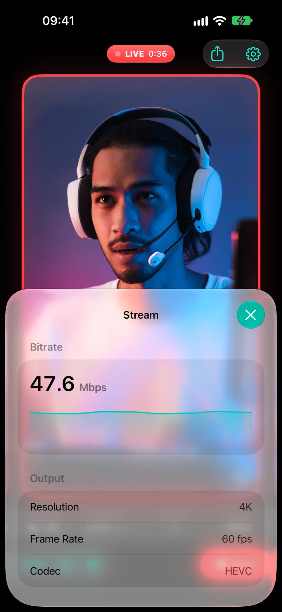 The Stream sheet over the live preview: current bitrate with a graph of the last few seconds, plus resolution, frame rate and codec