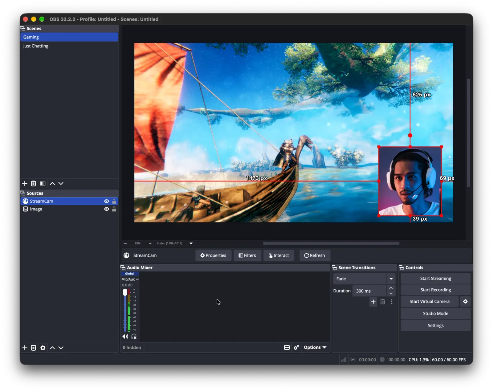 OBS with a Gaming scene: game footage fills the canvas and the StreamCam Browser Source sits as a webcam in the bottom-right corner