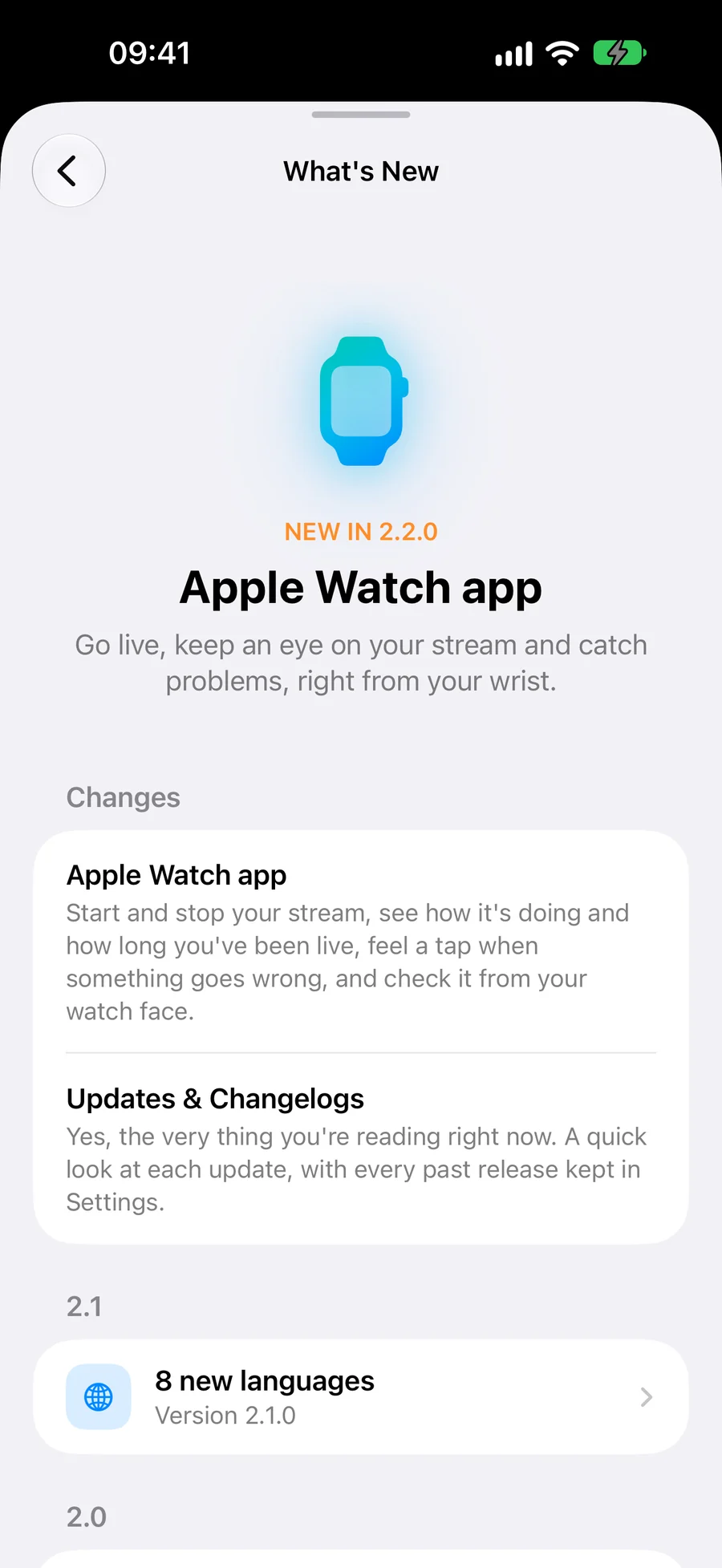 The What's New screen in Settings: the 2.2.0 notes on top, then earlier releases, 2.1 with 8 new languages and 2.0 below it