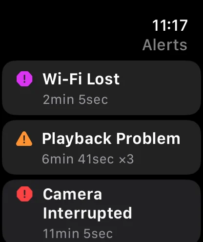 The Watch's Alerts page: Wi-Fi Lost two minutes ago, Playback Problem three times, Camera Interrupted, newest first