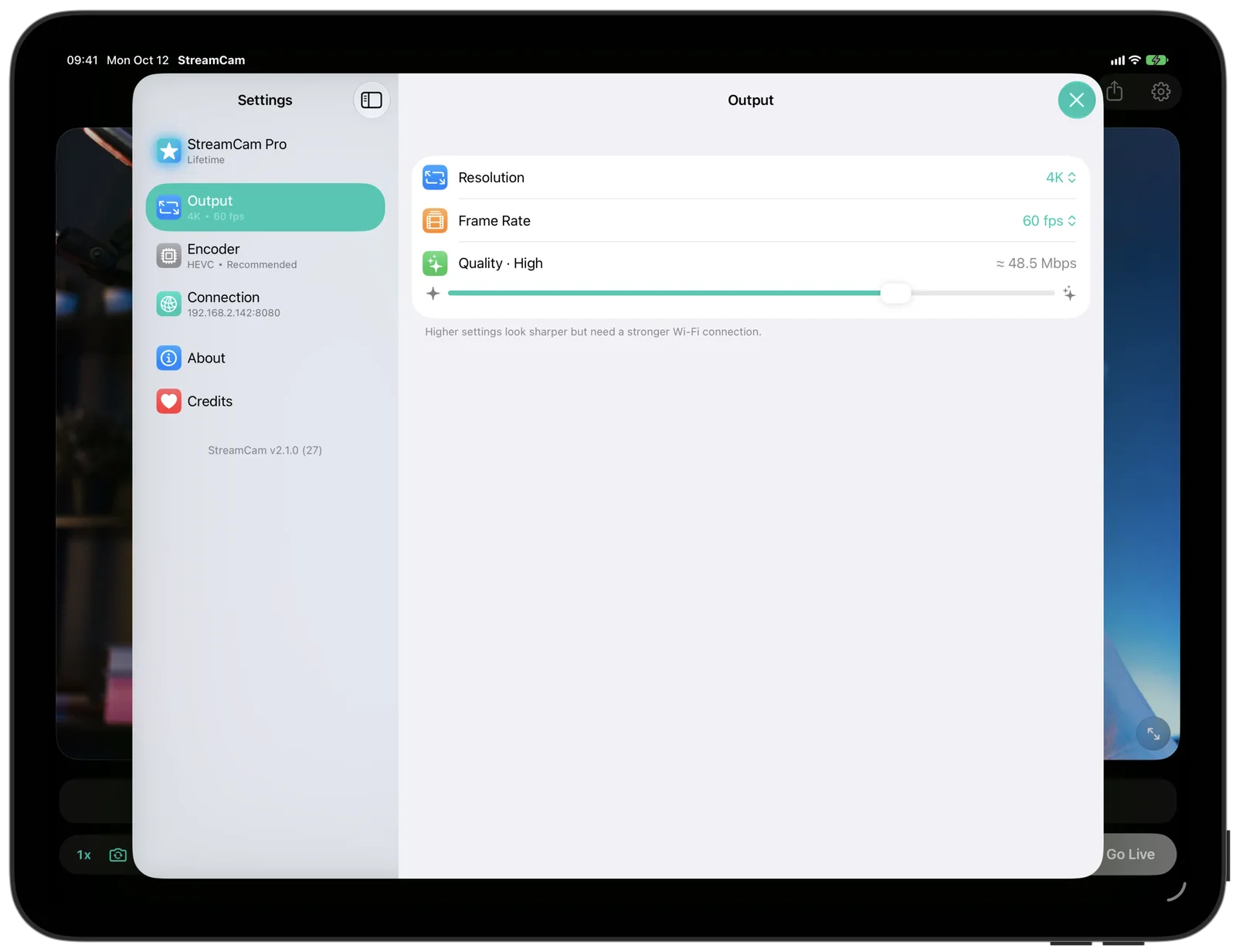 StreamCam settings on iPad: a sidebar listing StreamCam Pro, Output, Encoder, Connection, About and Credits on the left, with resolution 4K, frame rate 60 fps and the quality slider open on the right